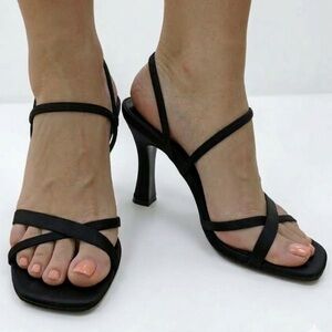90’s Cathy Jean Elegant Black Strappy Heels Satin Formal Party Prom Slingback 8